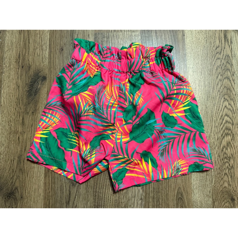 SHEIN Shorts Girls Size 6Y Pink Tropical Palm Leaf Paperbag Waist Elastic